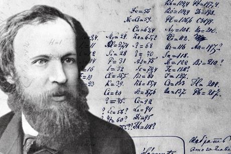 A picture of Mendeleev with his 1869 periodic table