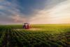 Tractor spraying pesticides on soy field with sprayer at spring