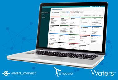 Waters connect system monitoring, showing a dashboard on a laptop