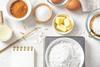 Baking ingredients on a table seen from above