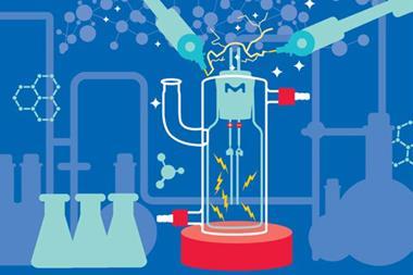 Illustration of an electrosynthesis setup in a lab, showing electricity, chemical reactions, and lab equipment like flasks