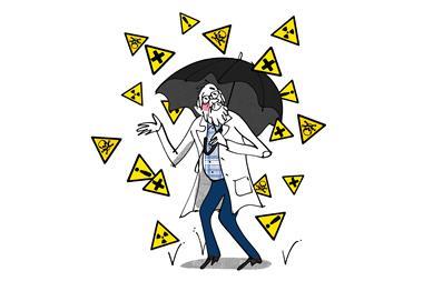 Man with umbrella and hazard symbols coming down like rain