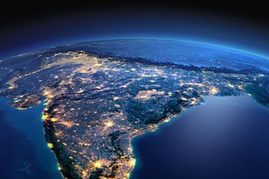 Planet Earth with precise detailed relief and city lights illuminated by moonlight. India and Sri Lanka. Elements of this image furnished by NASA