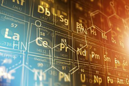 Blue and orange tinged periodic table with overlaid displayed molecules