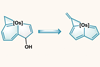 A tricyclic molecule of a 3-, aromatic 6- and 5-carbon rings which includes an osium group where the three rings meet and an -OH group on the 5-carbon ring reacts losing its OH group and changing to two 5- aromatic rings and a 3- with a double bond